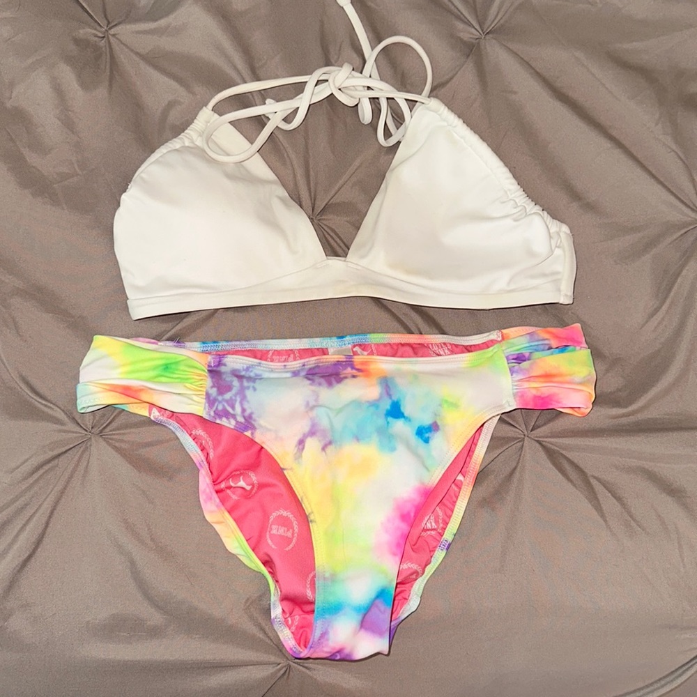 Victoria’s Secret white bikini top Pink tie dye bottoms